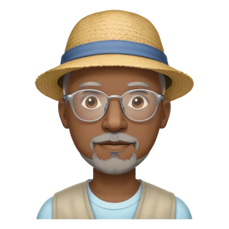 Bald mature Black male with Grey goatee and light glasses and a summer hat
 sticker