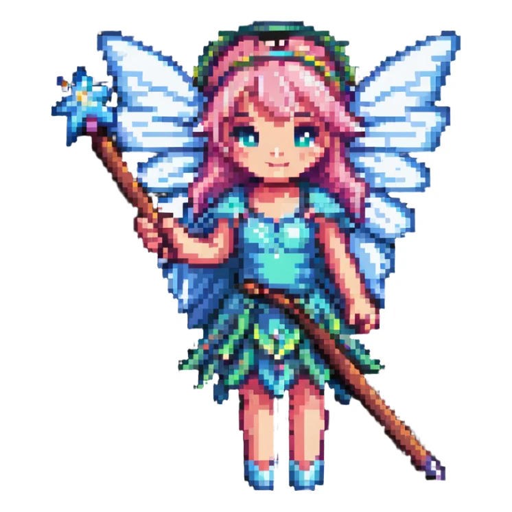 pixel art fairy with wings, holding a magic wand sticker
