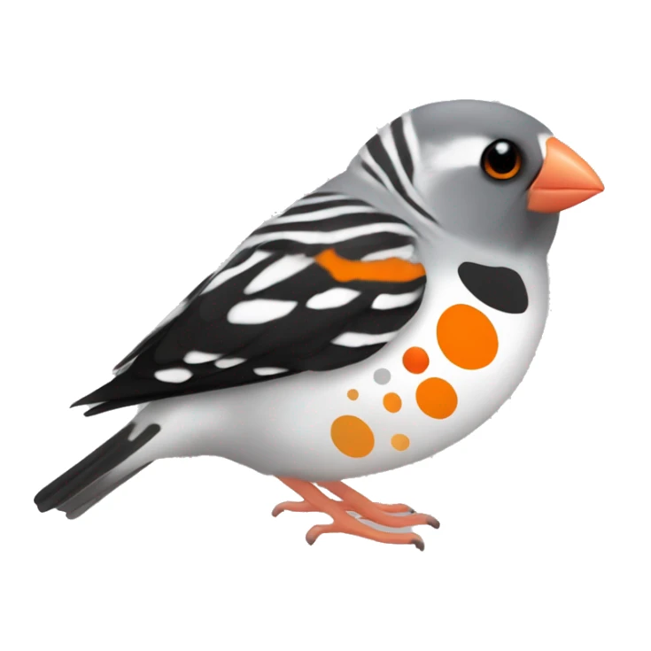 Zebra finch with orange circles on cheeks, grey body, white chest, with black tail, black eyes, and orange feet sticker
