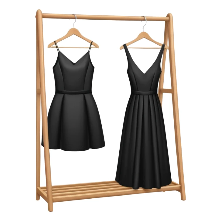 wooden clothes rack with a sleek black cocktail dress sticker