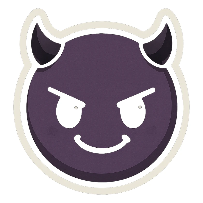 devil emoji in chibi style with gothic palette black and purple, tiny horns, cute but mischievous expression sticker