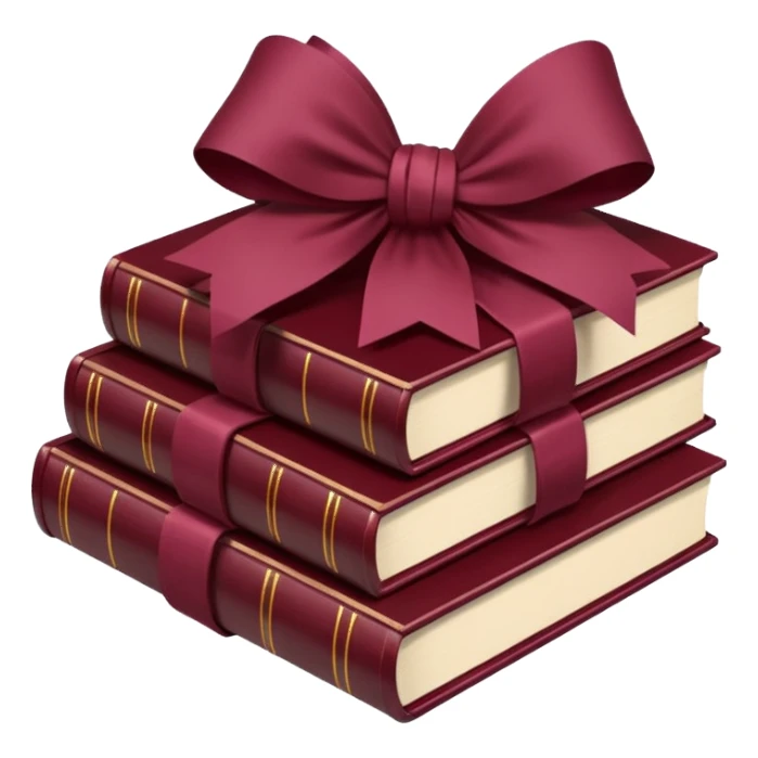 burgundy books stacked up and tied together by a burgundy bow sticker