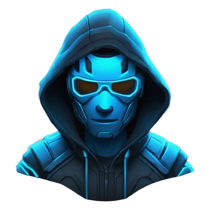 developer behind his laptop with this style : crysis Cyberpunk Riot Games Valorant neon glowing bright blue character blue black hooded assassin themed character sticker