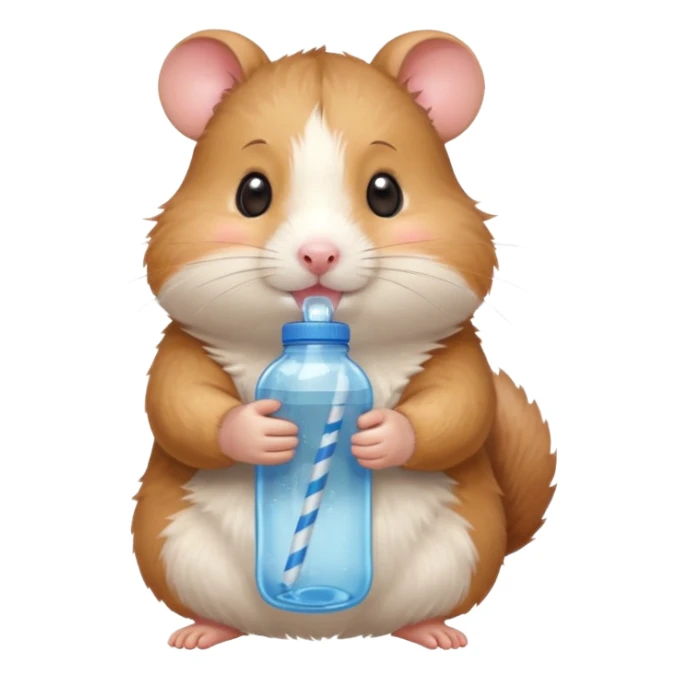 Cute cartoon-style hamster hugging an oversized water bottle, sipping with tiny straw, happy expression. Painterly shading, expressive eyes, white background, sticker-style illustration sticker