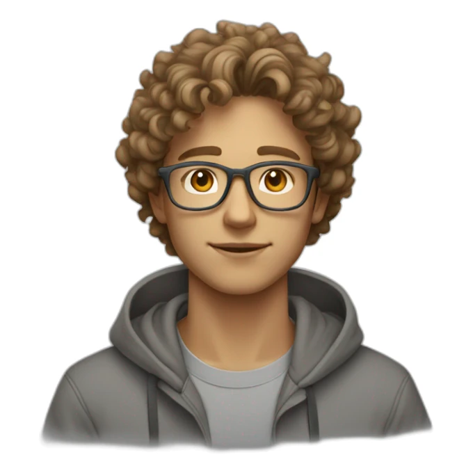 Young guy with curly light brown hair and rounded glasses with a grey hoodie on sticker