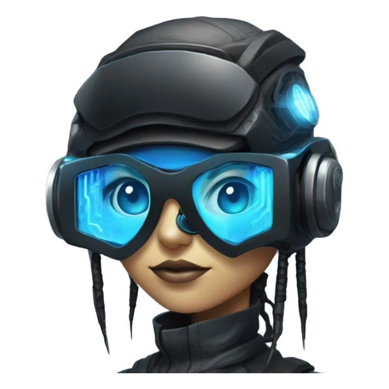 female netrunner, cyberpunk hacker with mechanical glasses, black robot body, black vr headset, eyes covered, no eyes, blue neon sticker