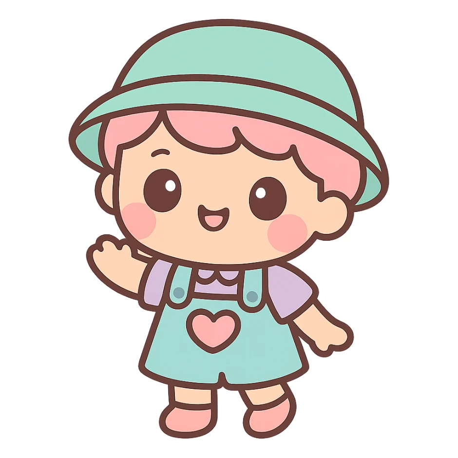 cute character, cartoon style, colorful clothes, childlike features, big eyes, playful expression sticker