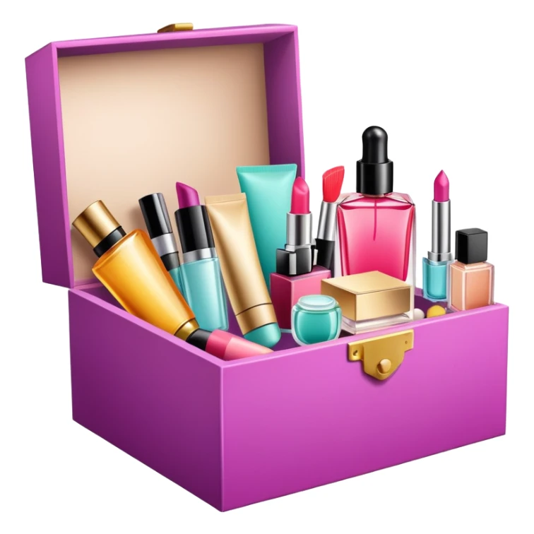 an opened box with various beauty items spilling out, including makeup, skincare, and perfume sticker