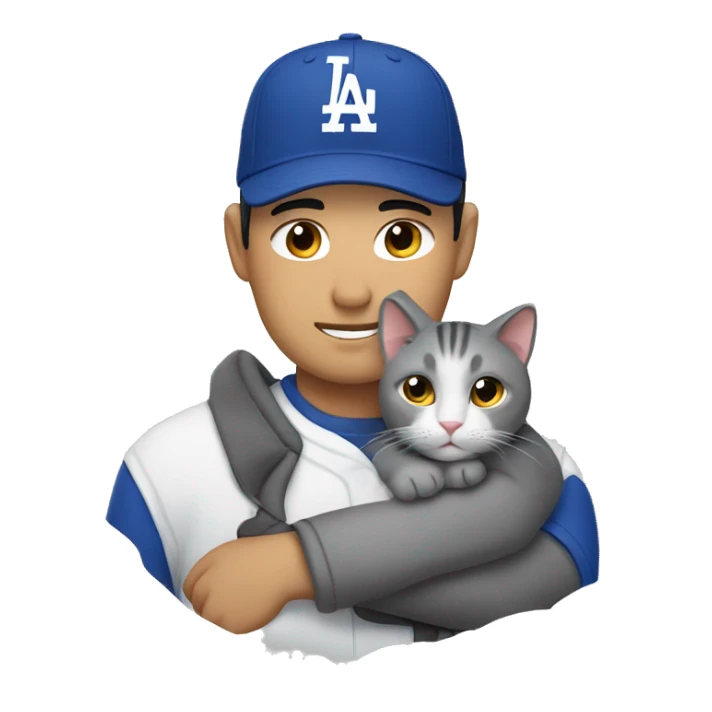 A gray cat cuddling an Asian man wearing a dodgers hat sticker