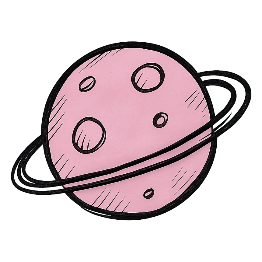hand drawn outlined icon of a pink planet, no fill, thick lines sticker