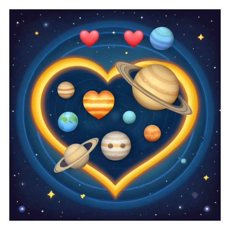 Solar system with heart-shaped planets orbiting a sun, colorful planets in the shape of hearts sticker