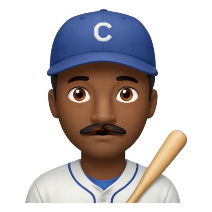 A dark-skinned man with a baseball cap, brown eyes, and a thin black mustache. sticker