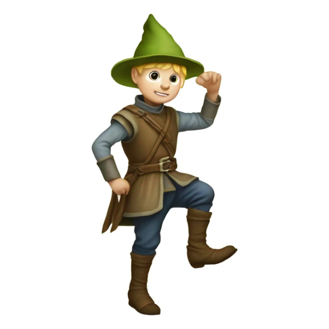 Medieval little whimsical little boy who is pale and he has a leaf hat and is about to get stepped on by a giant boot sticker