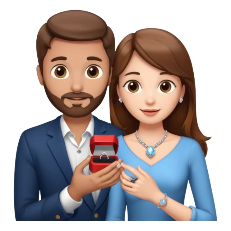 A brown haired man with a short beard proposing to a brown haired girl with a ring box sticker