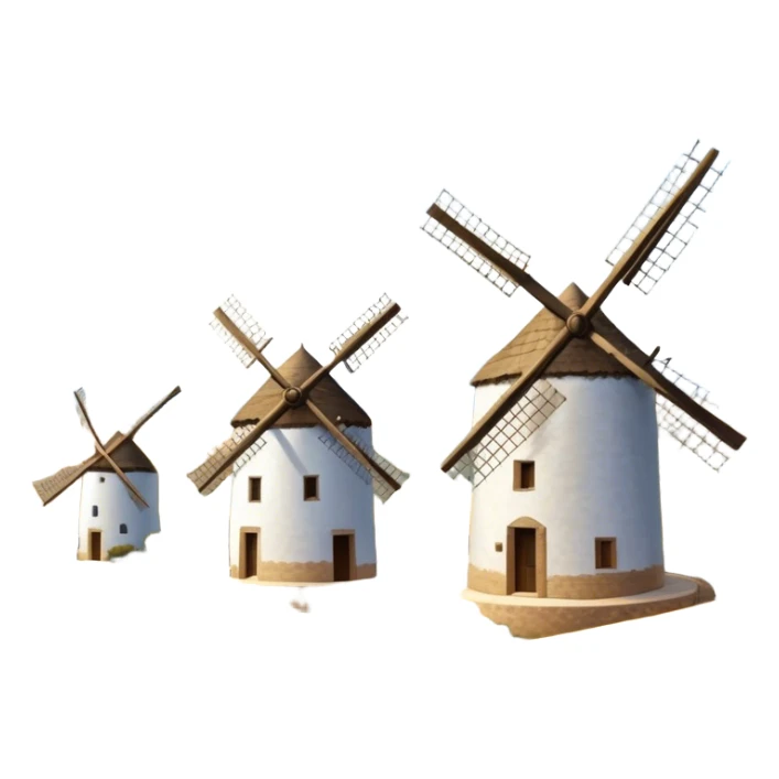 ​Cinematic Realistic Spanish Windmills (Mota del Cuervo), depicted as a cluster of gracefully aged windmills with weathered whitewashed facades and rustic wooden sails, standing proudly on a sunlit, rolling hillside of golden fields and olive groves, rendered with intricate textures and soft natural lighting that captures the timeless rural charm and historical significance of the Spanish landscape, sticker