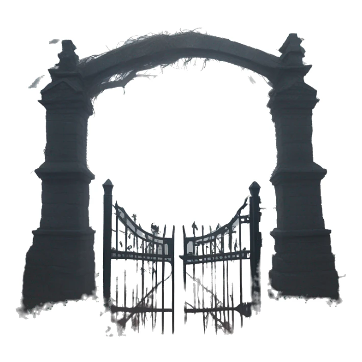 Haunting pig graveyard gate at noon, light fog sticker