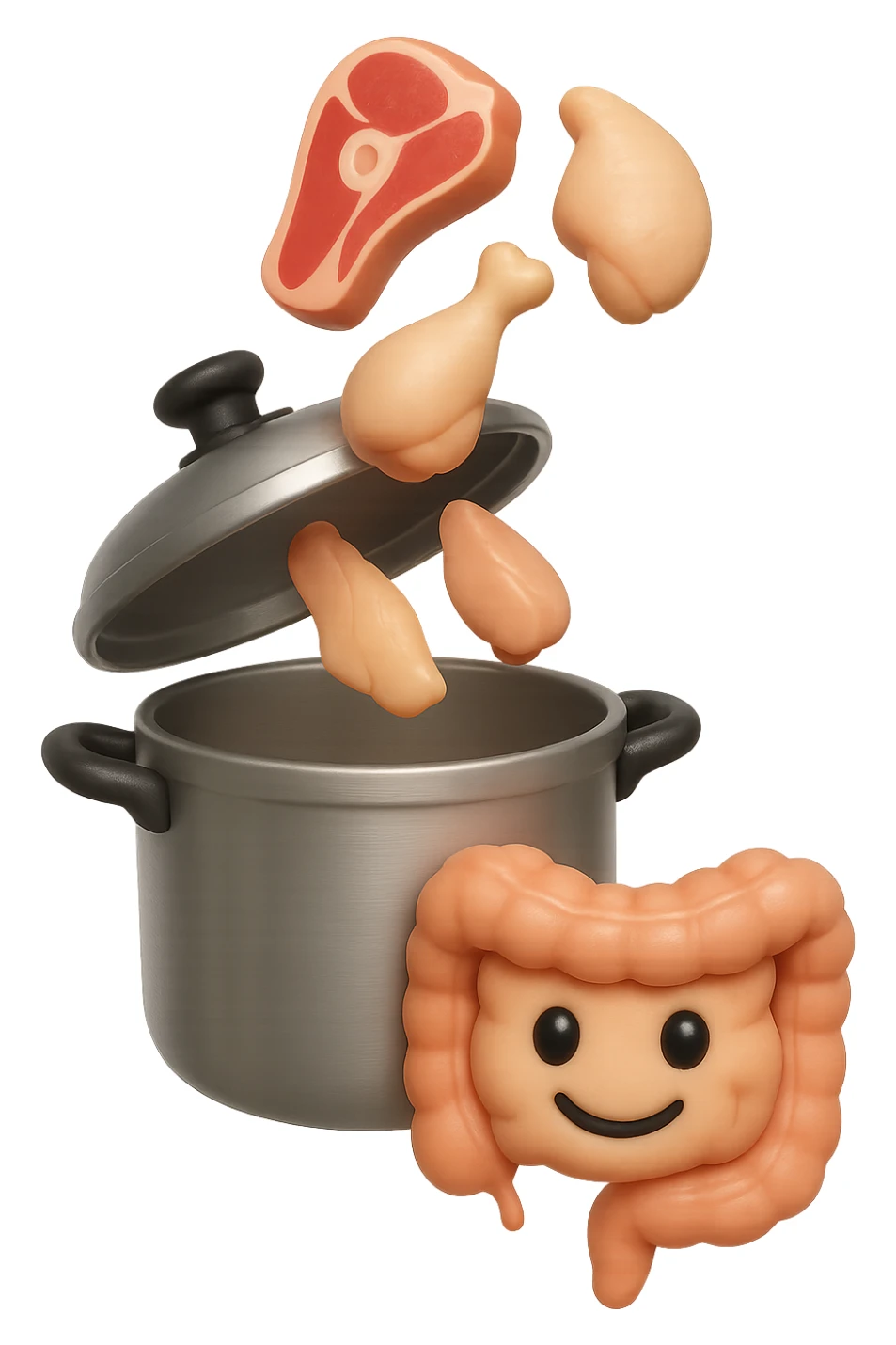 emoji stile iphone in 3d di una pentola a pressione dentro cui cadono agnello, pollo, tacchino crudi e un intestino umano felice da cuocere, iperrealistico 4k sticker