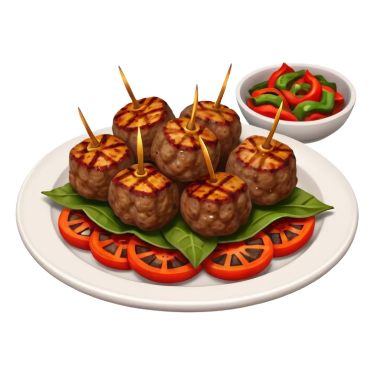 Akçaabat meatballs object icon, grilled Turkish kofte pieces on a plate, smoky char marks, juicy texture, served with grilled peppers and tomatoes, 3D cartoon, mobile game icon style, centered, clean background, no text, no watermark
 sticker