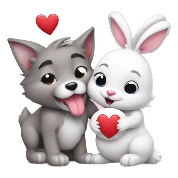 Old Wolf kiss a white Bunny who has pink ears, with big red heart between them. Heads only, with no body  sticker