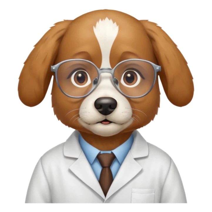 Wise dog with glasses, wearing a lab coat, perched on a stack of books. sticker