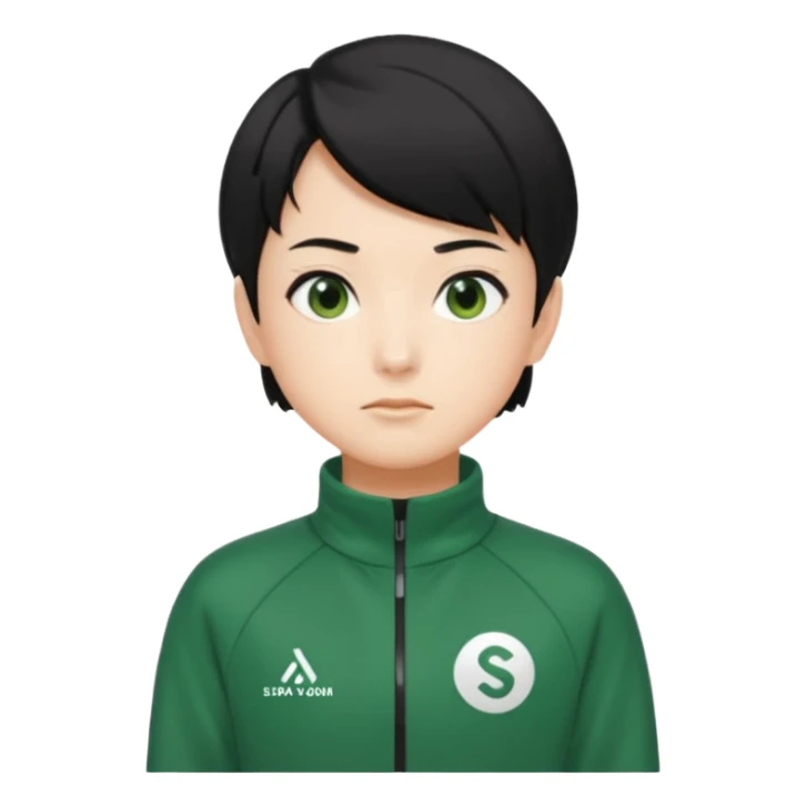 Sae-byeok from Squid Game, green tracksuit, short black hair, neutral face, stylized emoji sticker