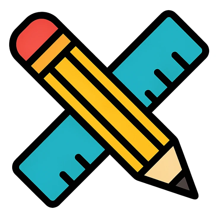 a pencil and ruler crossed, symbolizing design, colorful lineal icon with black outlines sticker