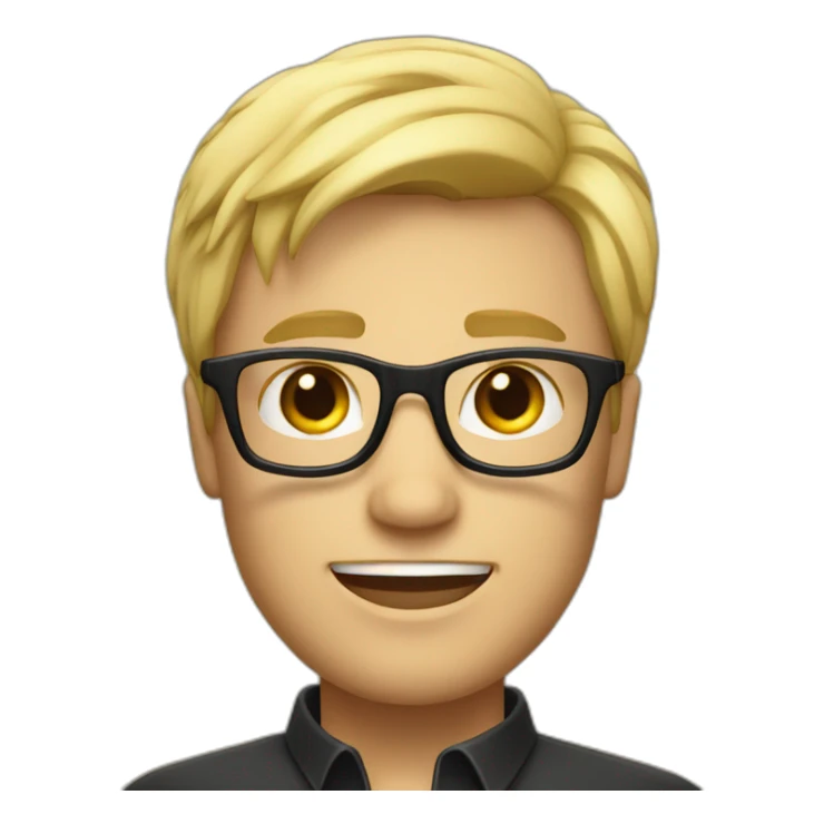 a man with blond hair with black glasses with very small smile sticker