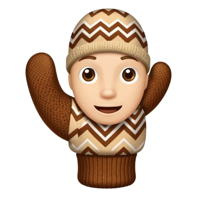 thumbs up fist in brown knit mitten with zig-zag beige pattern, no face sticker