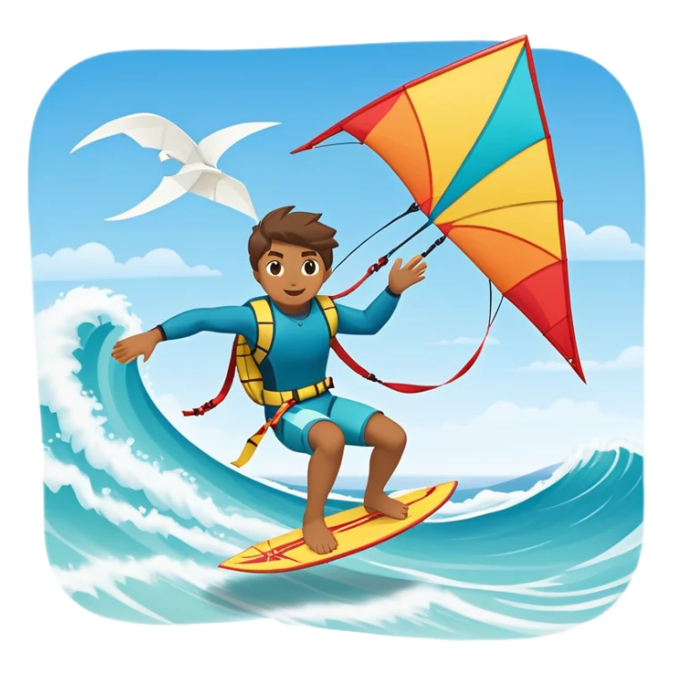 A kite surfer soaring above the waves, holding onto a kite with the wind in full force. The background showcases the ocean and sky, emphasizing the freedom, thrill, and energy of the sport. The motion of the kite and board is dynamic, capturing the excitement of kiting. sticker