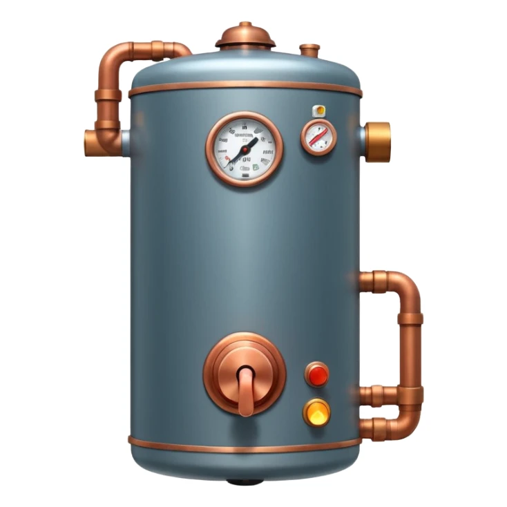 3D Pixar-style water heater unit with copper pipes and control knob, emitting a warm glow, realistic textures but friendly tone, front-facing, isolated on white

 sticker