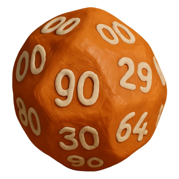 single hundred-sided die d100 in claymation style sticker
