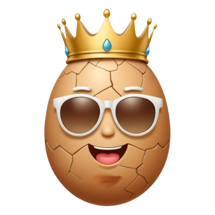 a funny, proud cartoon-style egg character wearing sunglasses and a small broken crown, solid orange background. sticker