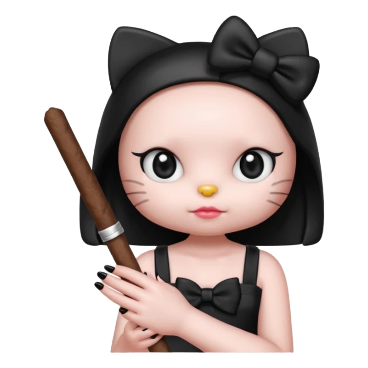 hello kitty with a blunt in a hand with long black nails and a black bow sticker