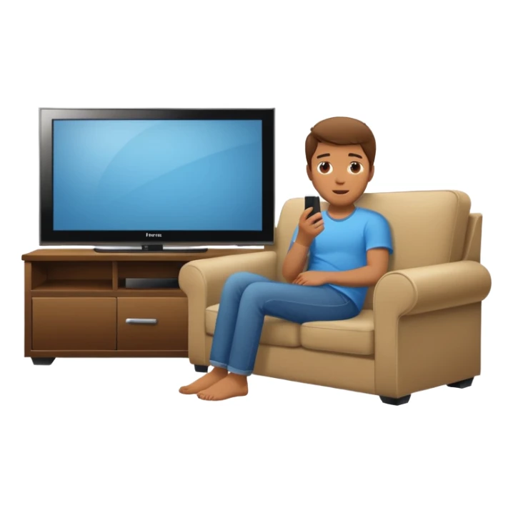 A man photographed from behind, sitting on a sofa and watching the news on TV on a modern flat screen. The setting is a living room. sticker
