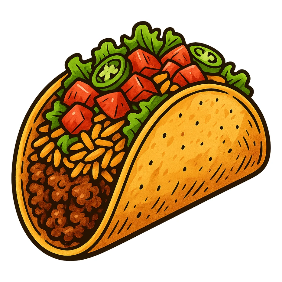 мексиканское тако, яркий, рисованный, но при этом объемный стиль, прозрачный фон, четкие линии sticker