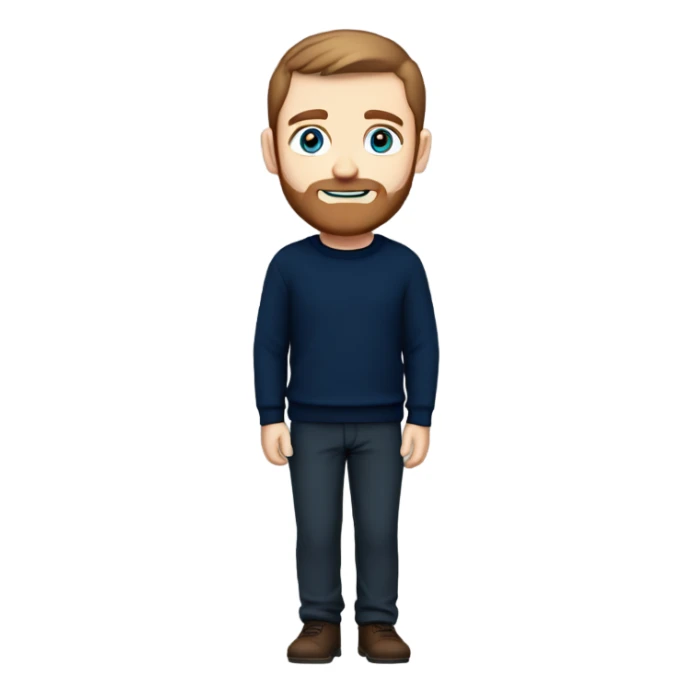 irish man blue eyes, brown short hair and short beard, wearing a smart navy blue jumper. full body. sticker