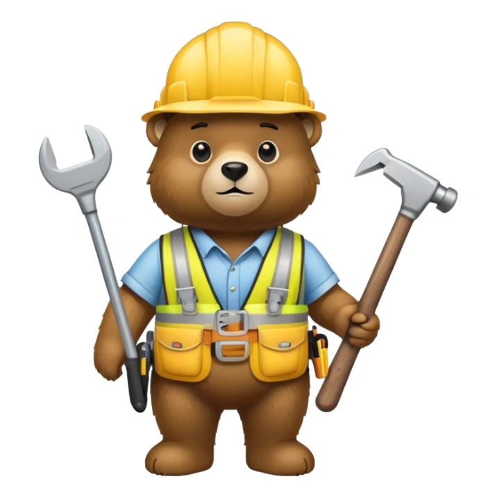 Bear wearing a yellow construction hard hat and tool belt sticker