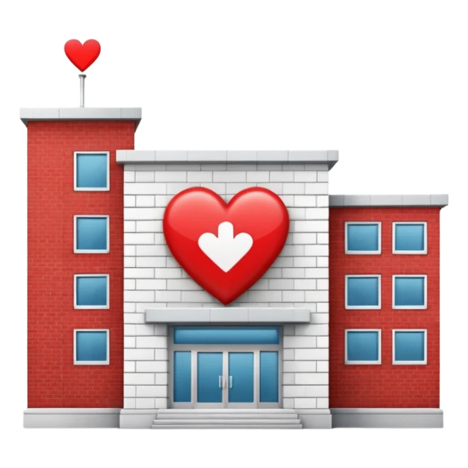hospital building with a heart symbol sticker