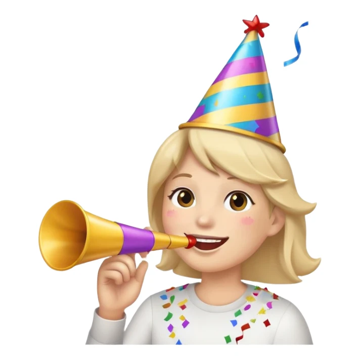 smiling face wearing a party hat, blowing a party horn, with confetti around sticker