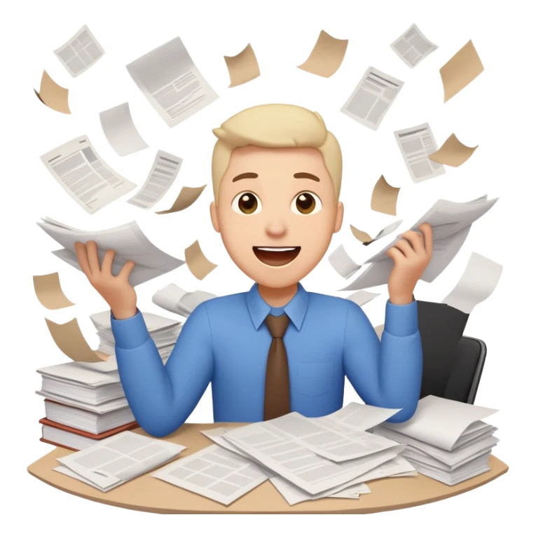 A person with a happy excited face but also looking stressed and overwhelmed, papers flying everywhere, surrounded by work items, half celebrating success and half panicking about deadlines sticker