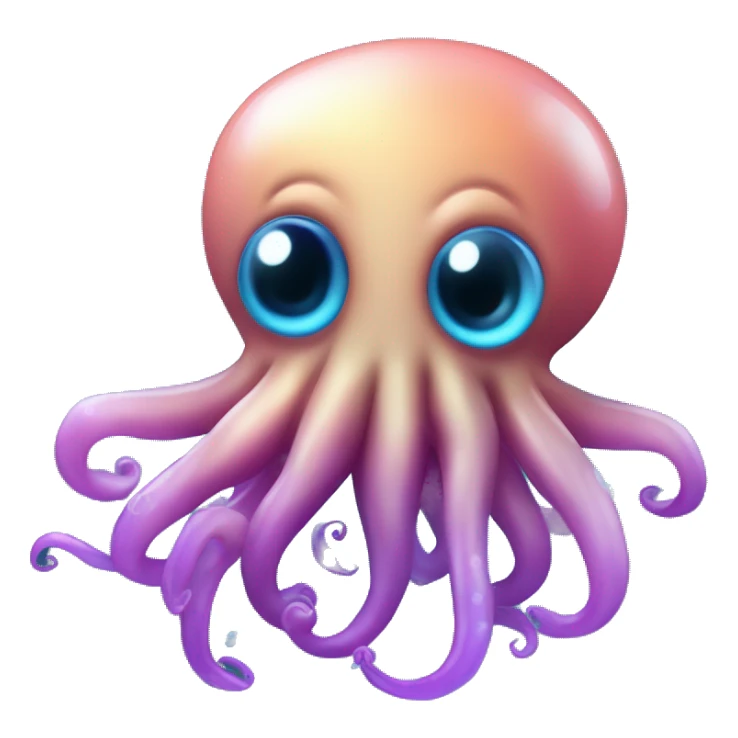 A floating squid in blue gradient with happy eyes, a violet tint on te end of the tenacles, and black background with bubbles floating around sticker