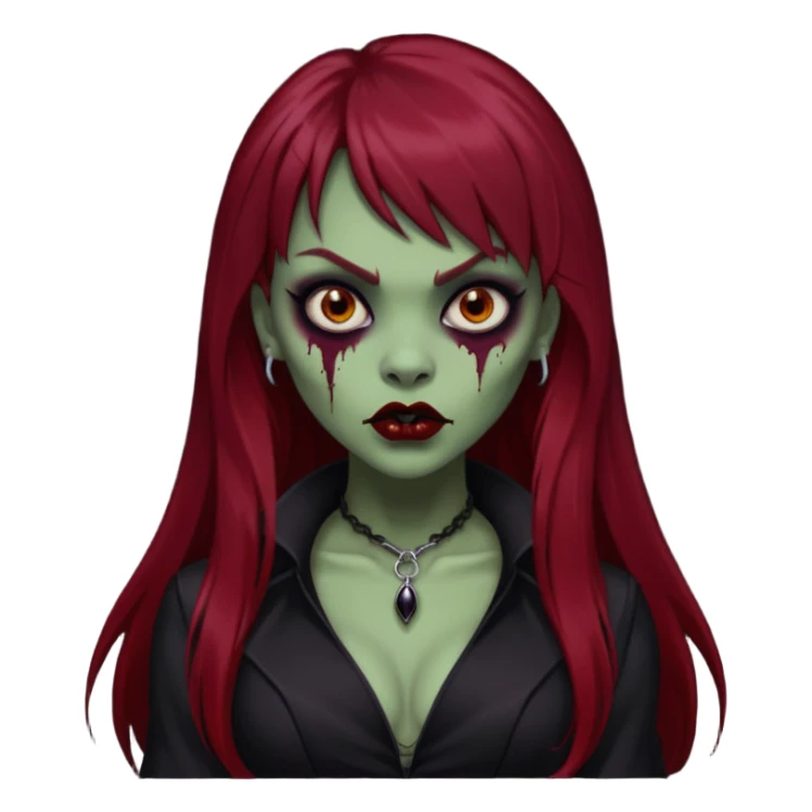vampira gótica parda zumbi de cabelo longo e vermelho extremamente escuro e franja e roupa com decote e batom preto sticker