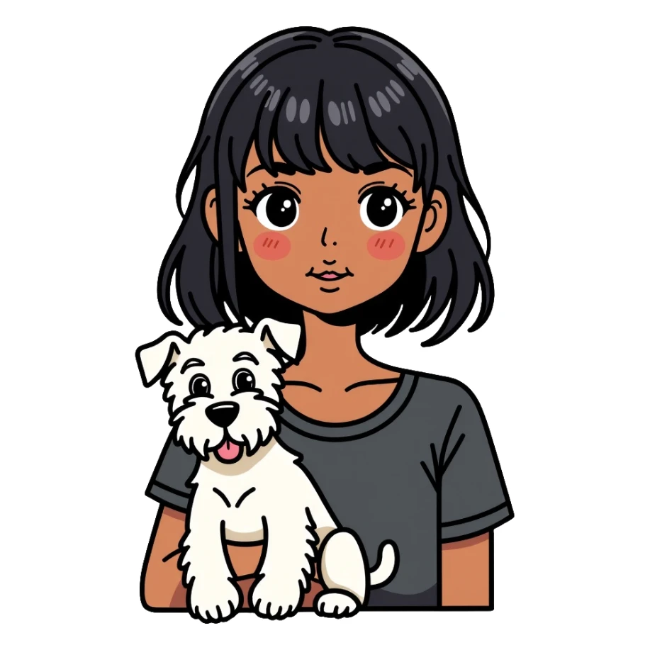 Black girl with short bangs holding a white schnauzer dog sticker
