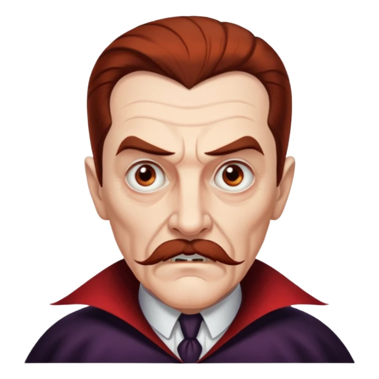 An elderly man with slicked-back reddish-brown hair, sharp brown eyes under heavy brows, and a white mustache, giving him a stern, Dracula-like appearance. sticker