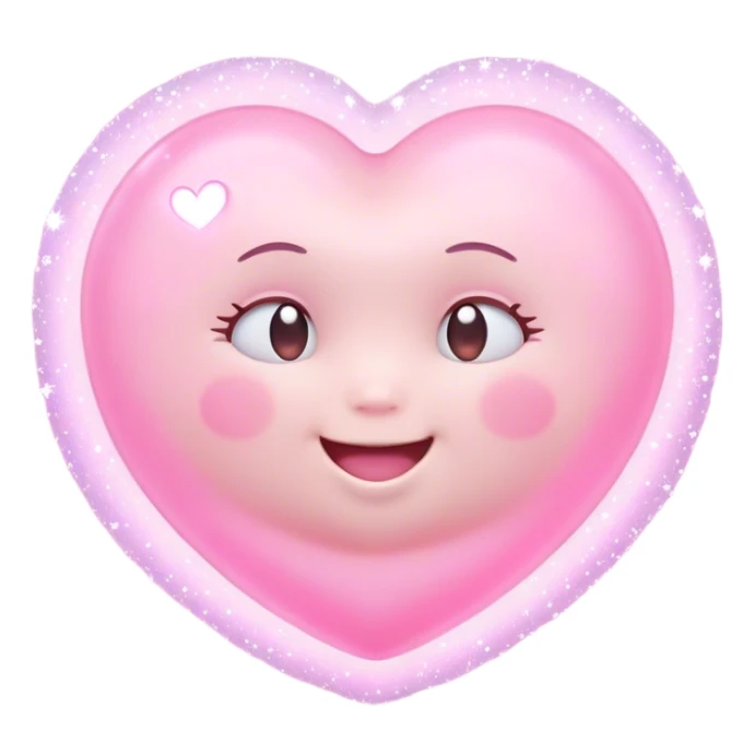 Cinematic floating soft heart, chubby round edges, pastel pink glow, tiny smiling face, surrounded by dreamy sparkles, gentle and loving. sticker