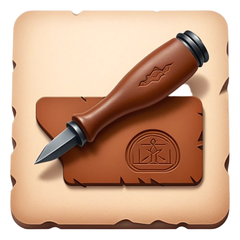 Leatherworking icon, piece of raw leather with started engraving, engraving tool or chisel, stamp or press, textured surface, minimalistic style, clean lines, transparent background. sticker