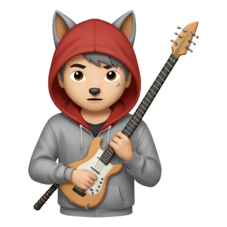 Wolf Cut boy wearing hoodie with a katana on his back and a guitar behind him sticker