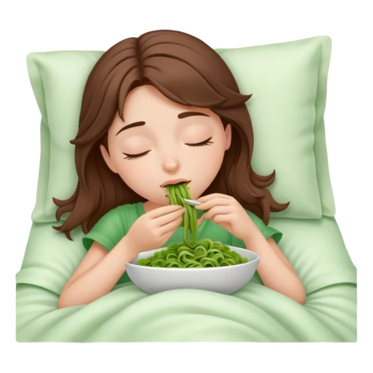 Brown haired girl eating green pasta asleep in white bed sticker