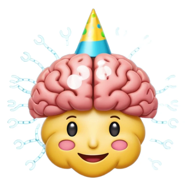 whimsical 2D cartoon emoji of a brain with digital circuit patterns and a happy face, wearing a party hat, to show AI involvement in a playful manner, in the style of standard Slack emojis sticker