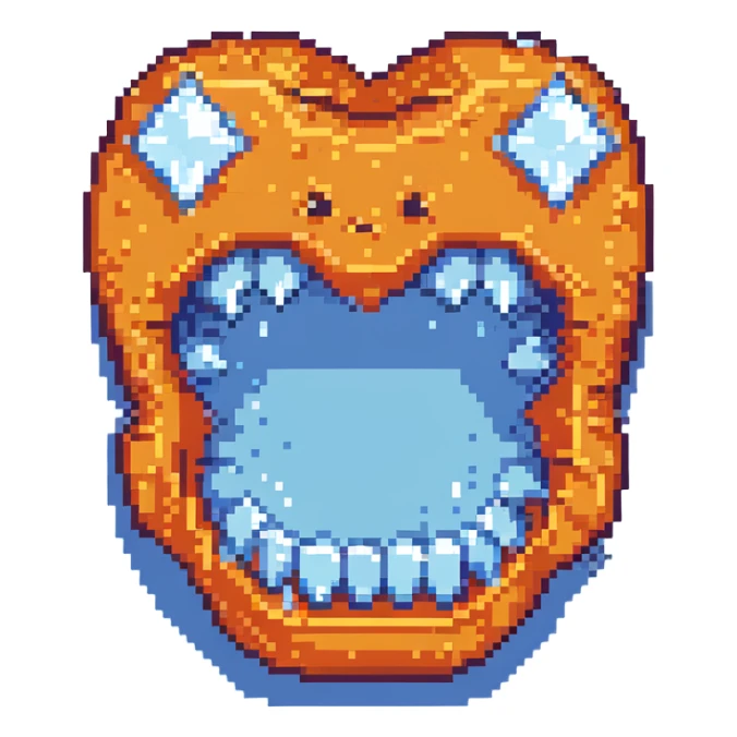 Pixel art blue freezing face with chattering teeth and ice crystals sticker